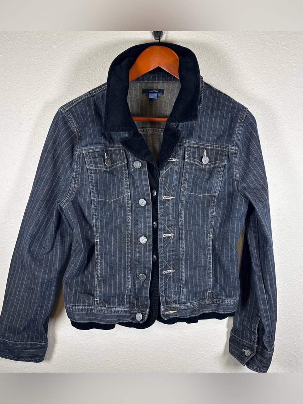 Nautica Denim Jean Corduroy Pinstriped Dark Wash Jacket Coat Womens Size L Y2K